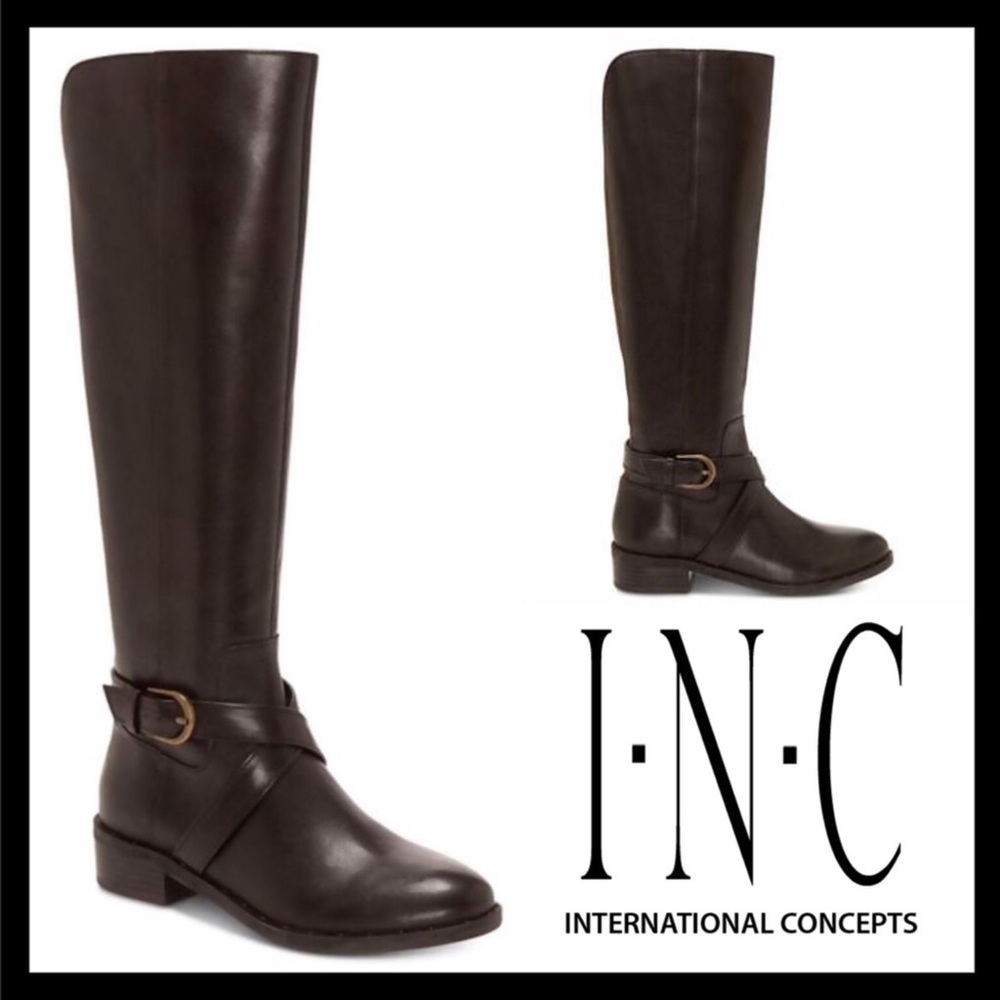 INC International Concepts Leather Closed Toe Knee High Riding Boots Dark Brown